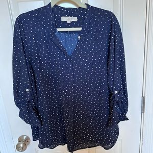 Loft button down blouse navy polka dots 8 Long sleeve (size large)